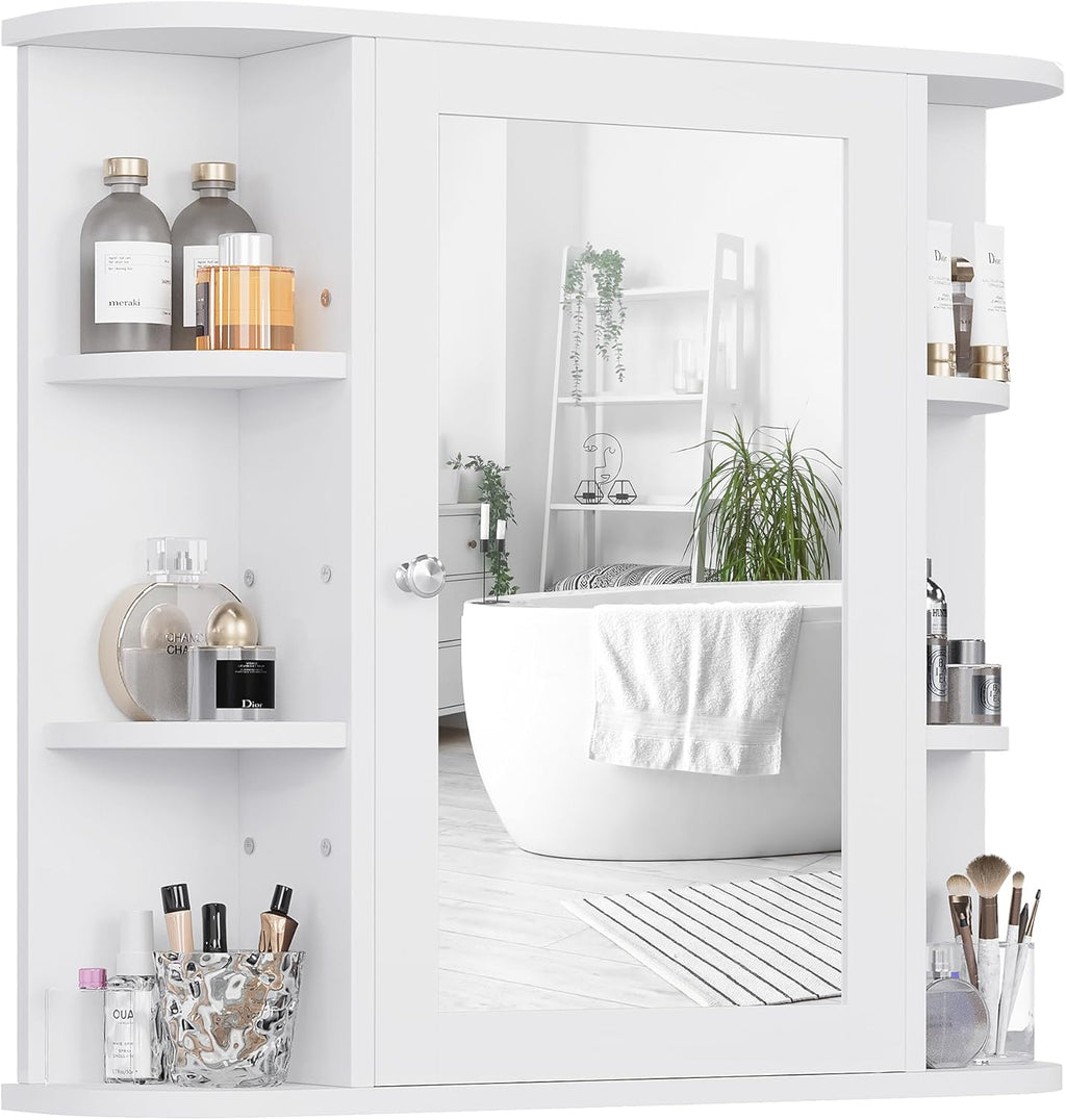 Shintenchi Bathroom Wall Cabinet with Mirror. Mounted Medicine Cabinets with 4 Internal and 6 Open Shelves. Mirrored Door Over The Toilet Storage. Solid White