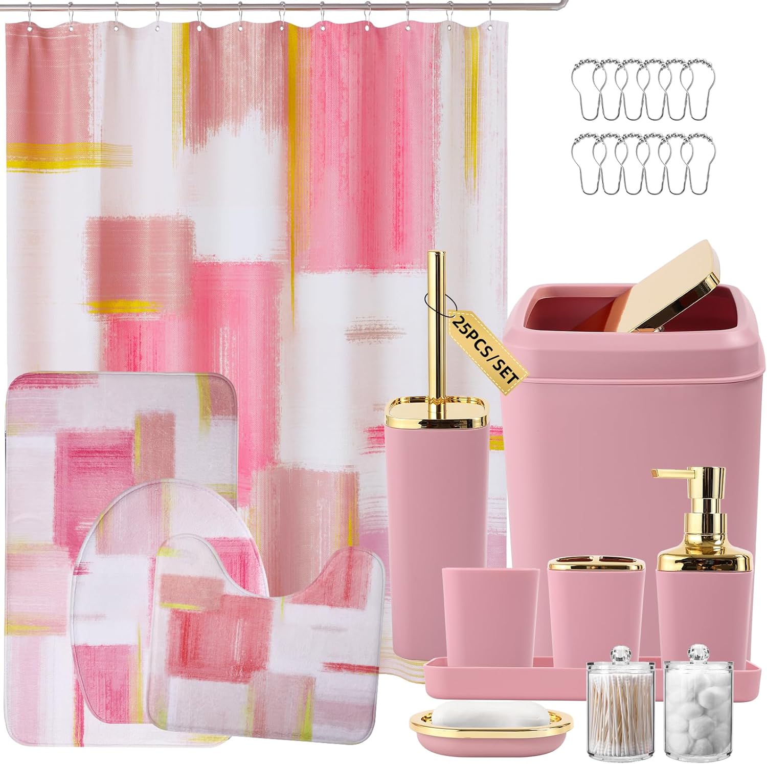 Bathroom Set - Pink and Gold Bathroom Accessories Set. Bathroom Sets with Shower Curtain and Rugs. Pink Shower Curtain Set with Bathroom Trash Can. Soap Dispenser. Soap Dish for Home Decor